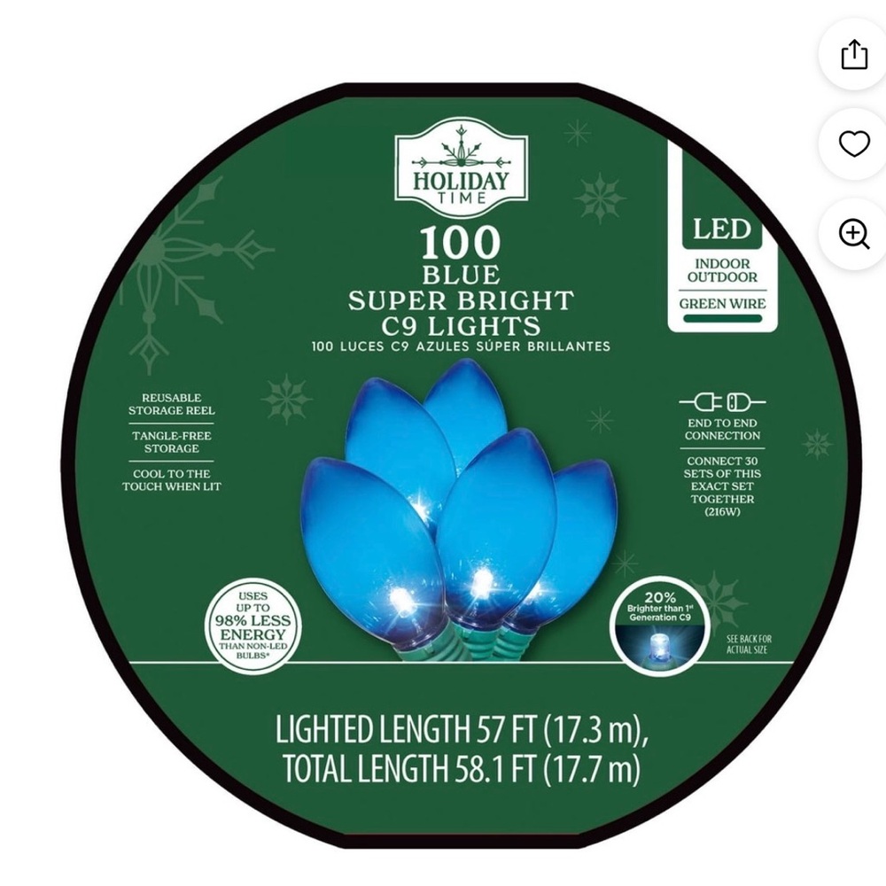 Indoor/Outdoor 100-Count LED Smooth C9 Christmas Lights, Blue, 57', Holiday Time